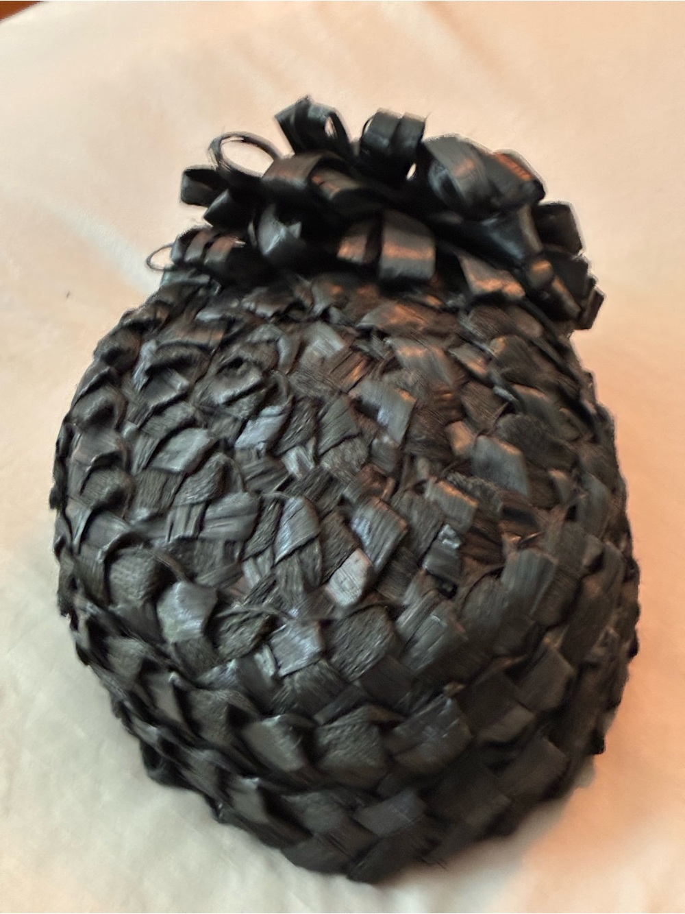CHRISTIAN DIOR Black Braided Straw Cocktail Hat with Bow Accent